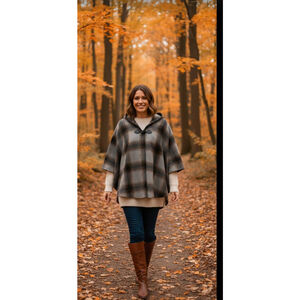 INC International Concepts Plaid Hooded Cape OS Gray Brown
